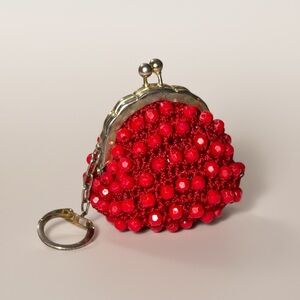 Vintage Red Kiss Lock Beaded Crochet Mini Coin Purse keychain